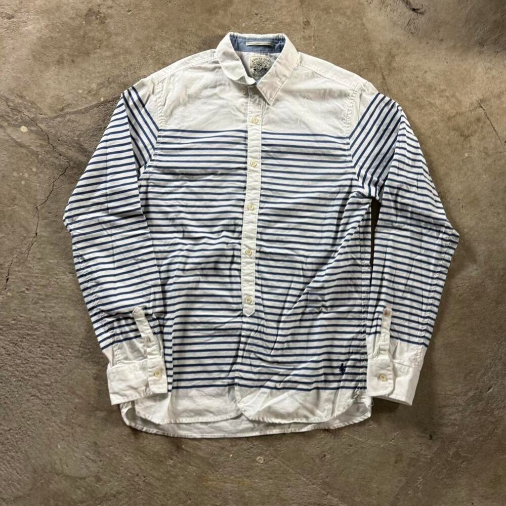 Scotch & Soda Blue and White Striped Short Sleeve Shirt Slim Fit